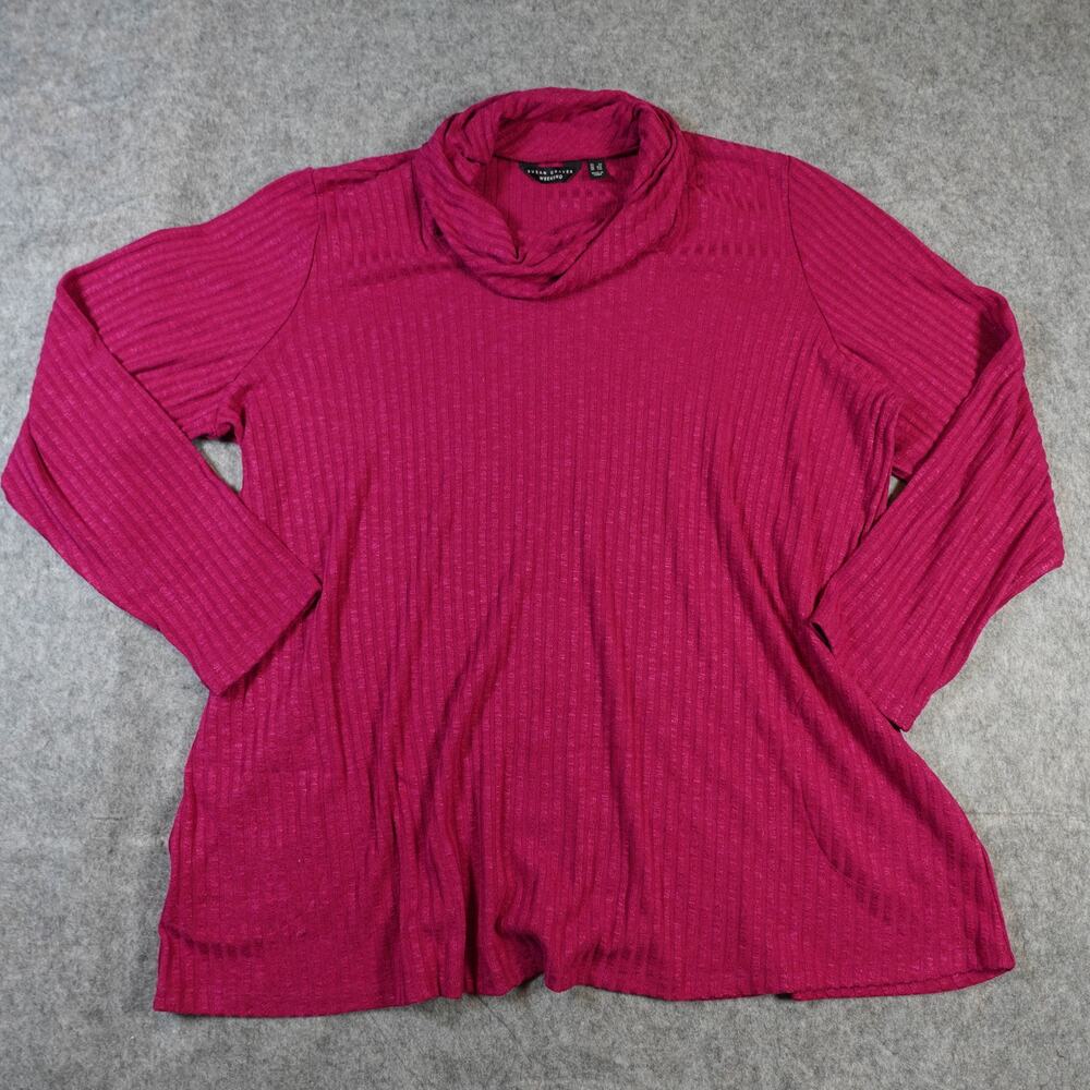 Susan Graver Top Womens 3X Mock Cowl Neck Ribbed Pink Pockets Tunic Knit Sweater